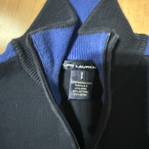 Ralph Lauren blue quarter zip sweater with light blue stripe on side. - Picture 2 of 2